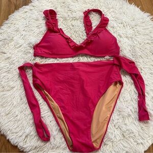 J. Crew Ruffle Deep V Neck Bikini Top And High Cut High Waist Bikini Bottoms